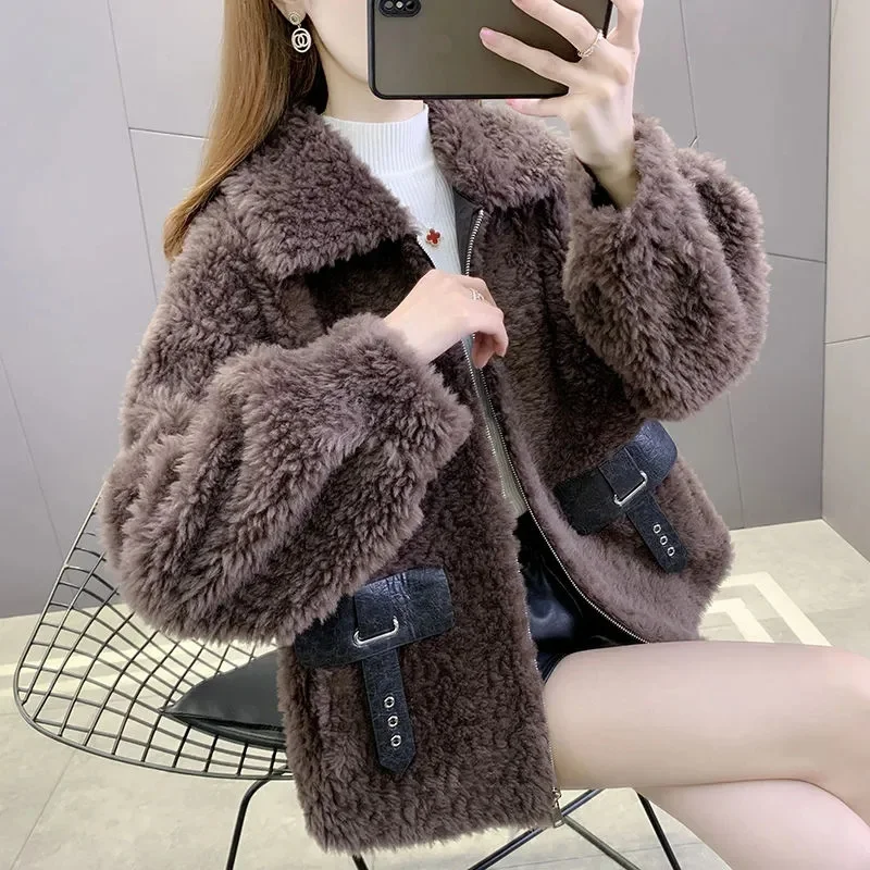 

Sheep Cut Cashmere Lamb Hair Composite Fur and Fur Integrated Women's 2023 New Coat Short Coat Loose and Warm Top Solid Color