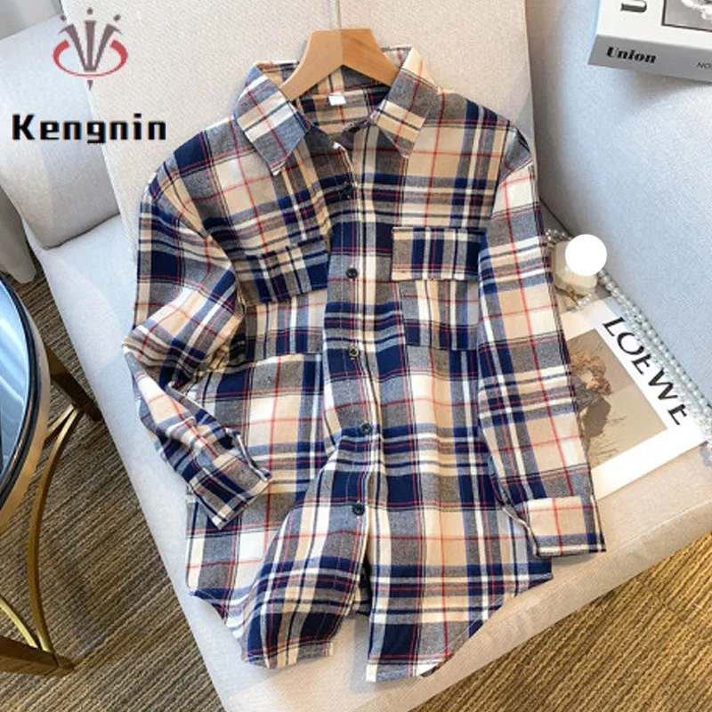 

Loose Women's Plaid Print Shirts 2022 Autumn Korean Fashion Long Sleeve Lady Blouse Female Tops Pockets Casual Clothing KN526
