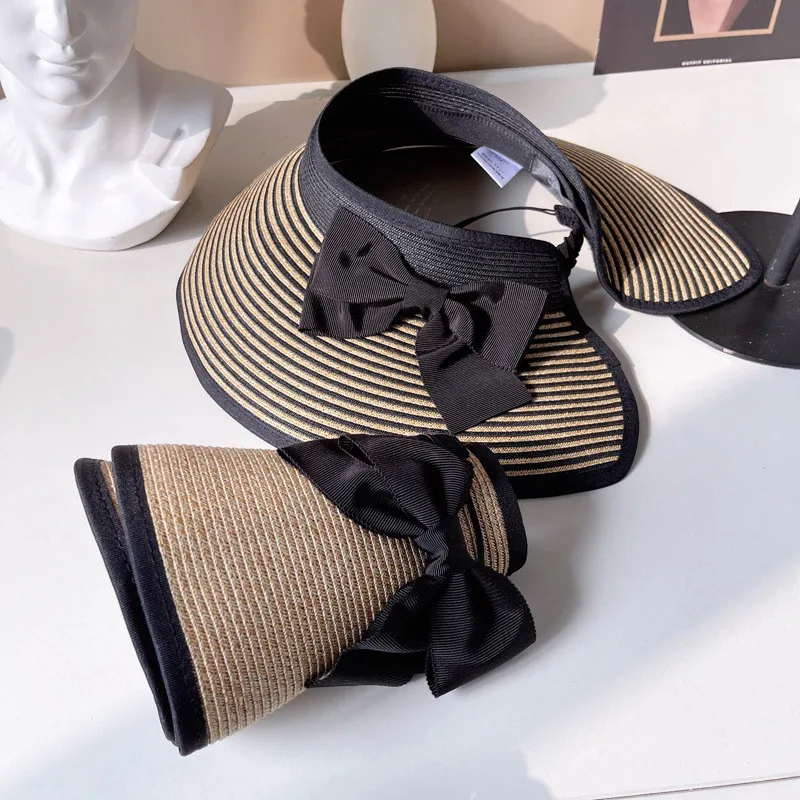 

202203-2509204 ins summer dropshipping fold bowknot wide brim natural plant fiber grass without lady sun cap women leisure hat
