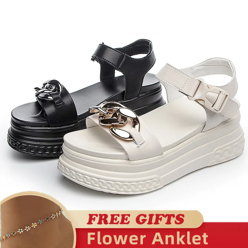 Women Sandals 7cm Platform Genuine Leather Wedge Shoes Summer Women Open Toe Sandals Beach Shoes Summer Women Fashion 2023