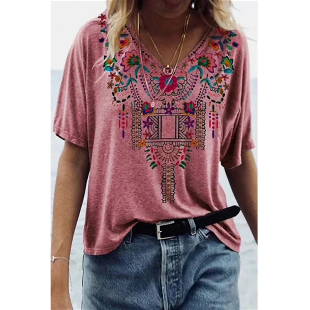 

Sexy Boho V Neck Vintage Ladies Blouse Tops 2022 Summer Women Short Sleeve Loose Casual Ethnic Style Printed T-Shirt Pullover