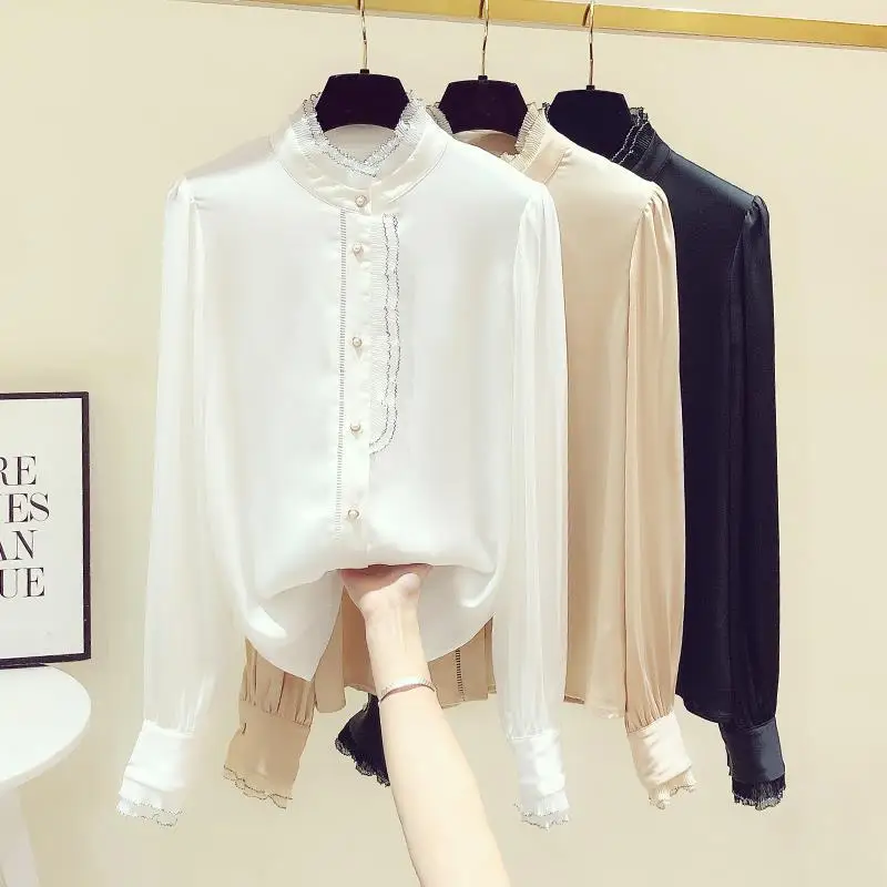 

2022 Spring Autumn New Women Long Sleeve Shirts Fungus Edge Stitching Pleated Tops Fashionable Temperament Shirts