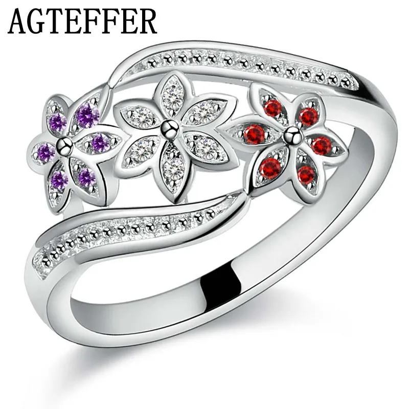 

AGTEFFER 925 Sterling Silver High Quality For Women Lady Wedding Inlaid Stone Crystal Flower Ring Fashion Women Jewelry