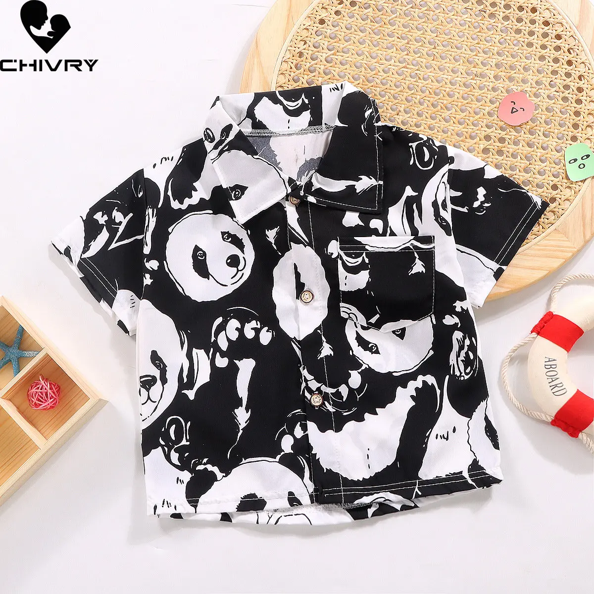 

Summer Boys Shirts New 2023 Baby Boy Fashion Panda Dinosaur Print Lapel Short Sleeve Shirt Tops Kids Casual Clothing