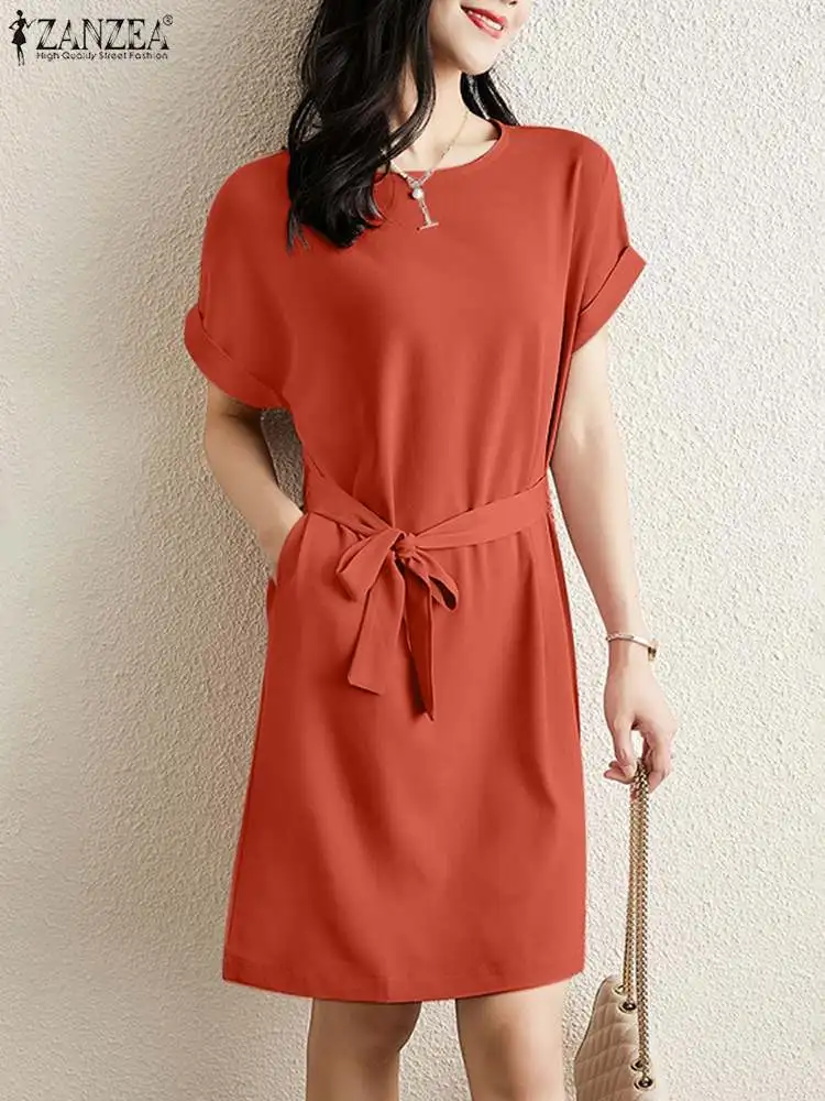 

Мини-платье ZANZEA с поясом и карманами, повседневное элегантное платье-трапеция с круглым вырезом и короткими рукавами, лето 2023