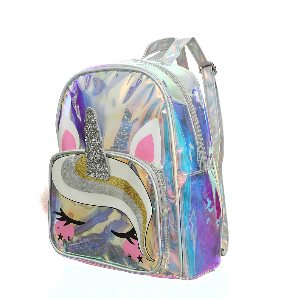 Unicorn Children Schoolbag  Silver Laser Pu Jelly Bag Waterproof Small Backpack For  Girls With Pom Pom Cartoon Cute  Kids  Bag