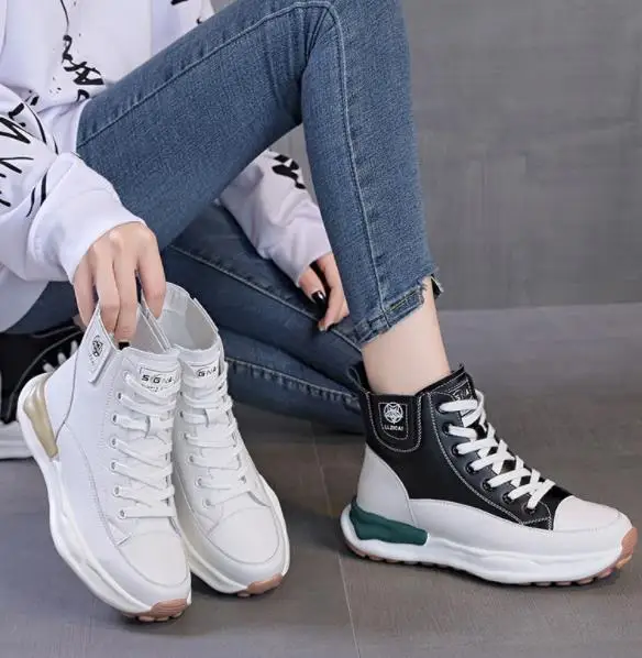 Women Small White Shoes All-Match Soft Sole High-Top Genuine Leather Plus Cashmere Ladies Shoes Autumn Winter Students Footwear
