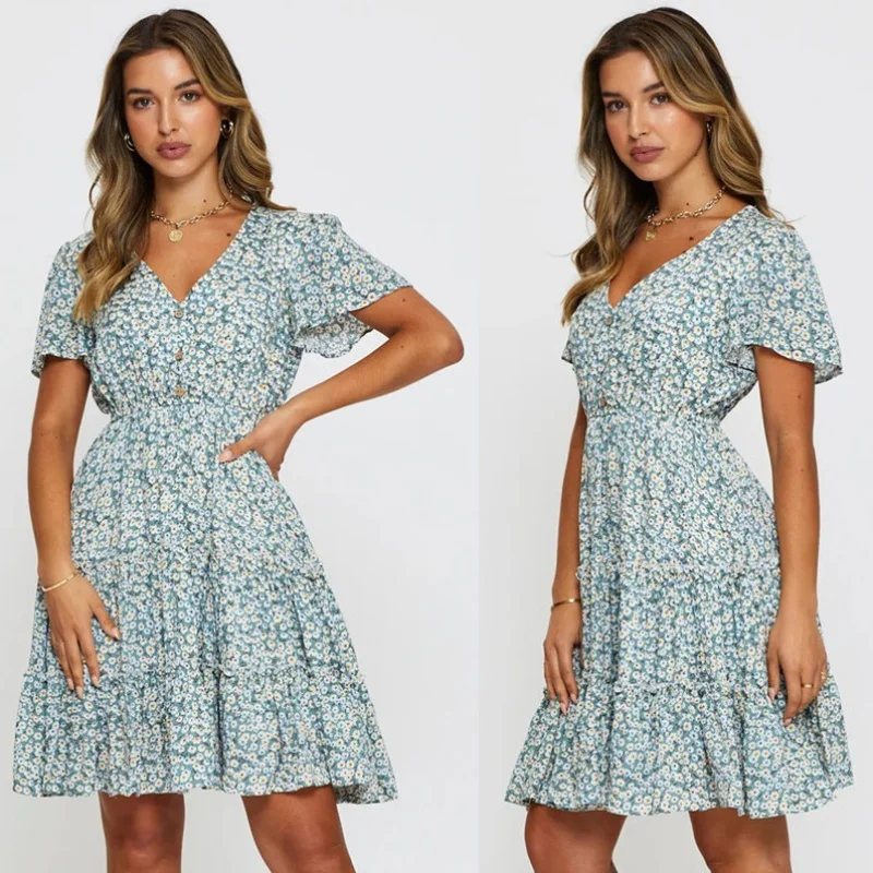 

AliExpress2022Spring of the NewVCollar Button Short Sleeve Dress