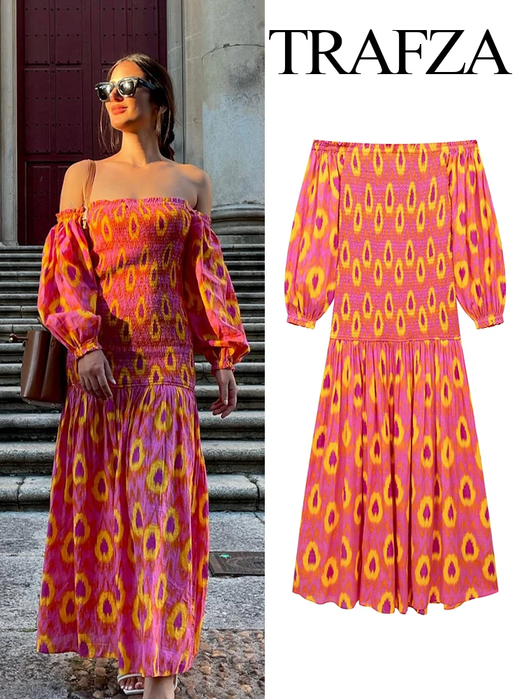 

TRAFZA 2023 Summer Fashion Printed Women's Off Shoulder Midi Dress Retro Casual Ruffle Long Sleeves Women's Holiday Party Dress