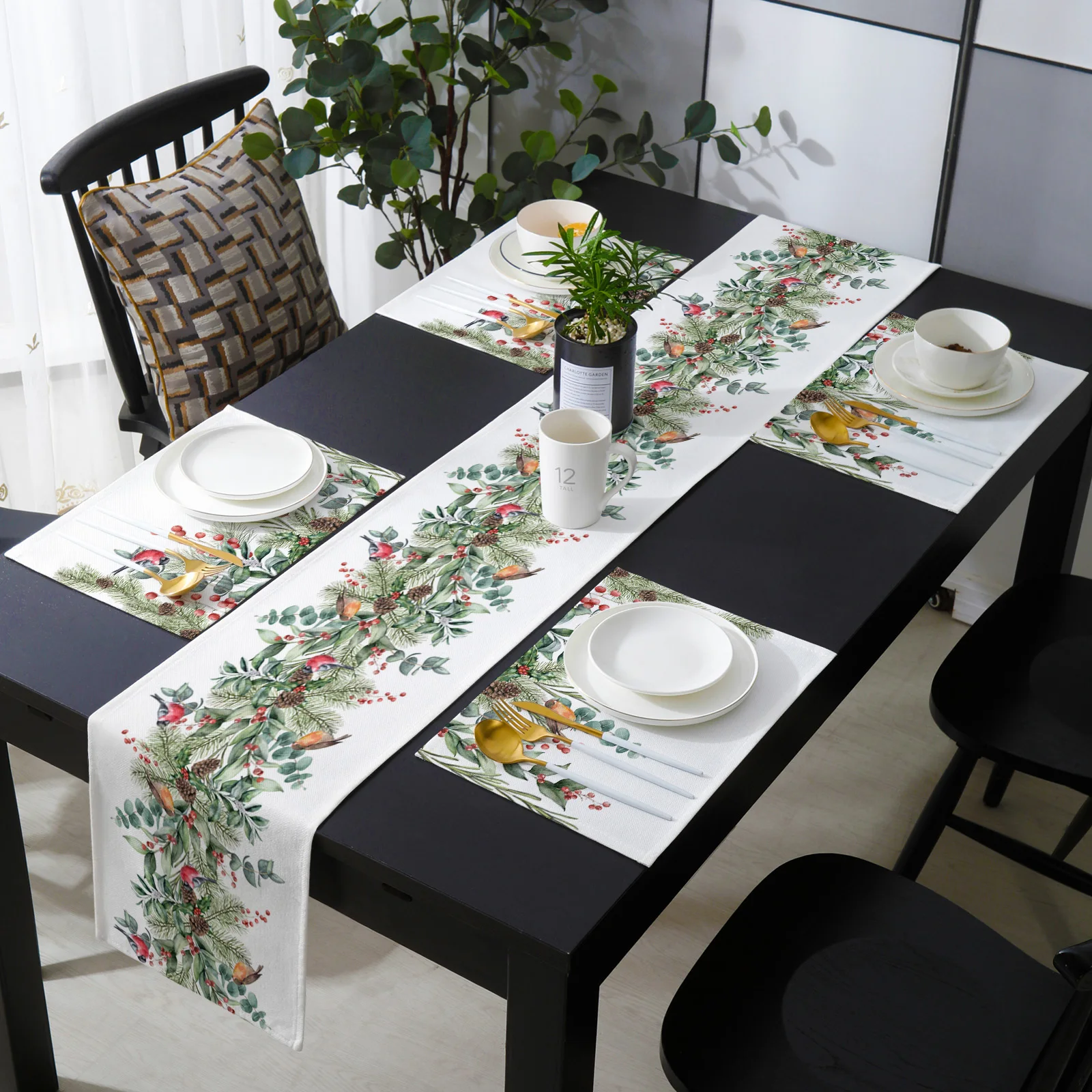 

Christmas Eucalyptus Berries Tree Robin Home Wedding Table Decoration Tablecloth Dining Table Runner Placemat Set Country Decor