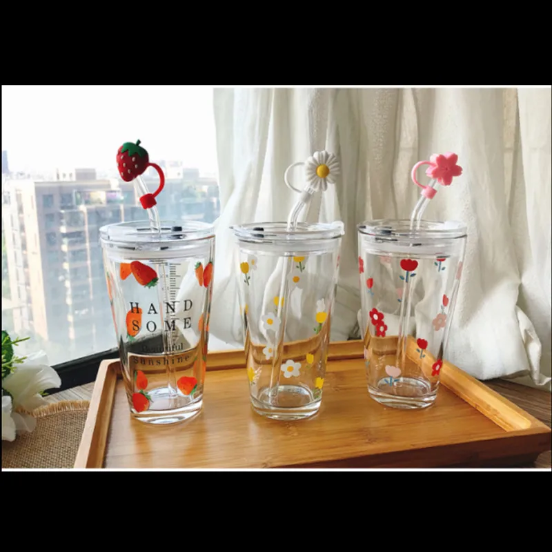 480ml Glass water cup ins strawberry flower lovely cute girl female straw bottle small fresh juice milk coffee with cover - купить по