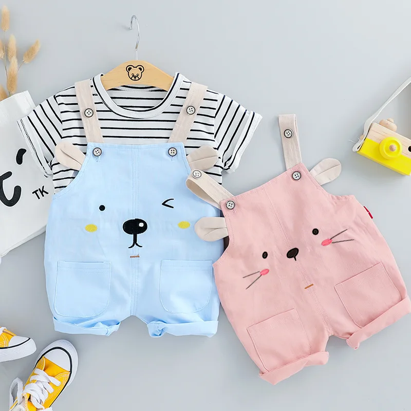 

Baby Jumpsuit Children's Suit Boys Girls Outfit Cartoon Overalls Infant Outfits Summer Bib Short Striped T-shirt Round Neck Tops