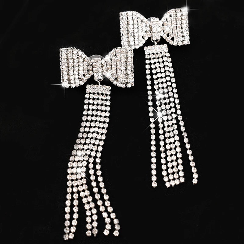 

Exaggerated Long Tassel Full Rhinestone Bowknot Drop Earrings for Women Shiny Water Drop Crystal Dangle Earring Jewelry Gifts