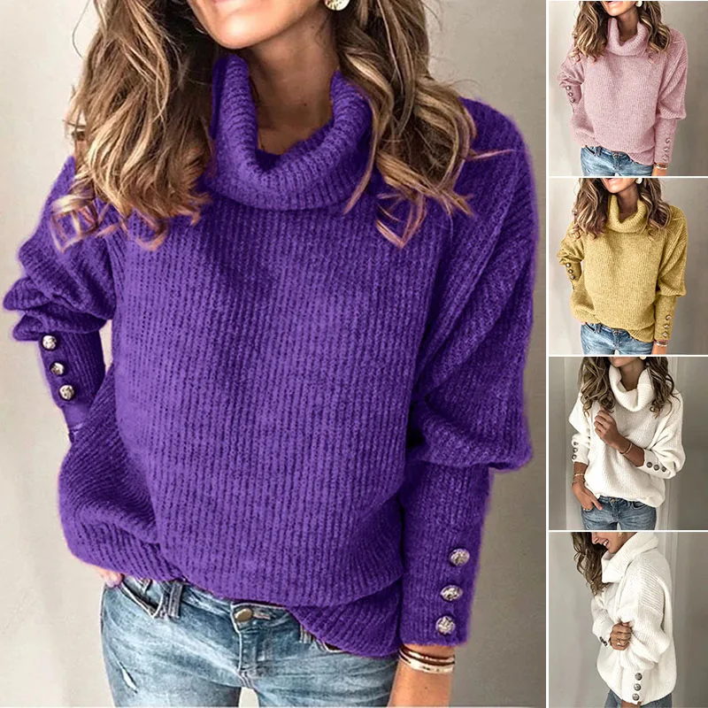 

Women's Sweater Turtleneck Tops Long Sleeves Knit Shirt With Button Decor Fall Winter Women's Sweater Jumper Knit Top For Women