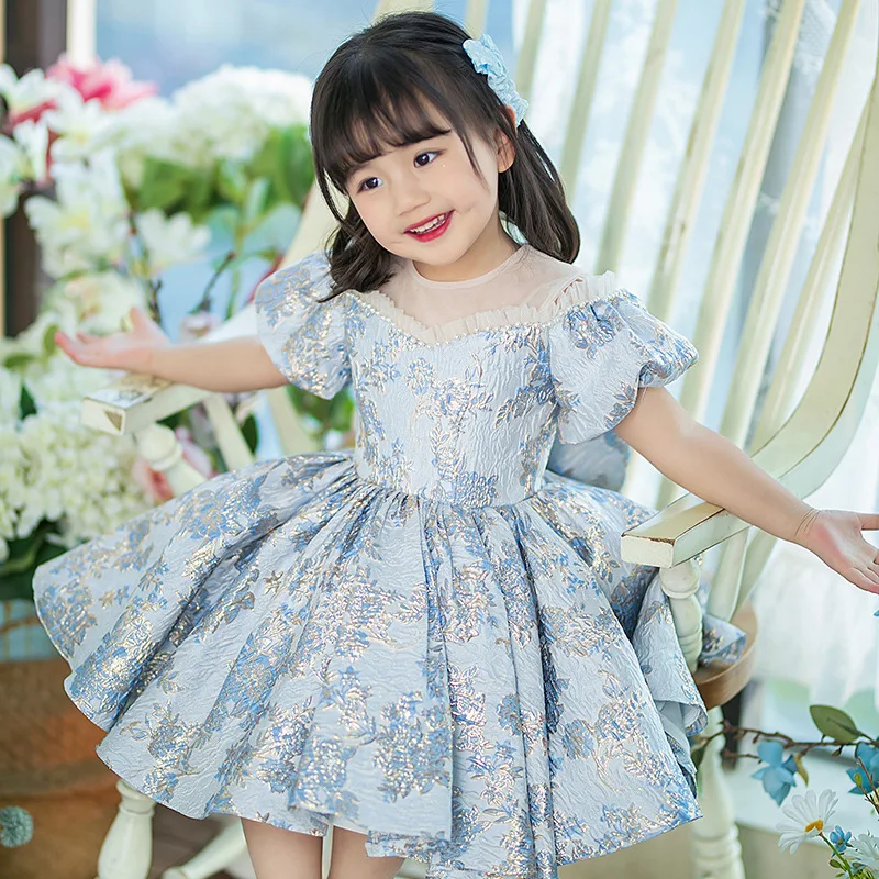 

Baby Girls Elegant Prints Dress Toddler Puff Sleeve Ruffle Frocks Infant Sweety Princess Bowknot Ball Gowns Kids Pageant Vestido