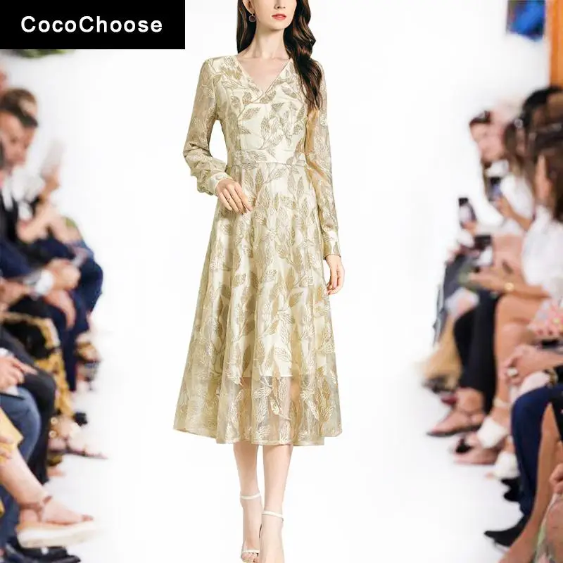 

Runway Fashion Luxury Gold Leaf Embroidery Mesh Dress Spring Summer 2022 V-neck Long Sleeve Slim Waist Elegant Women Midi Dress