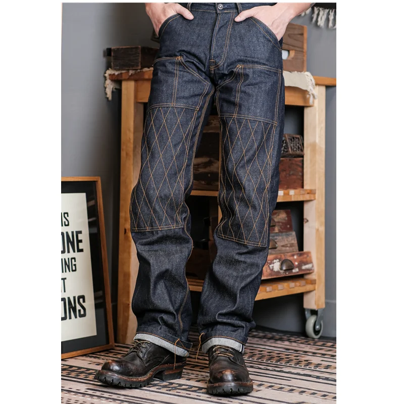 Simons Vintage Motorcycle Anti-fall Lingge Reinforcement 14OZ Selvege Denim Moto&Biker Three Needles Amekaji Heavyweight