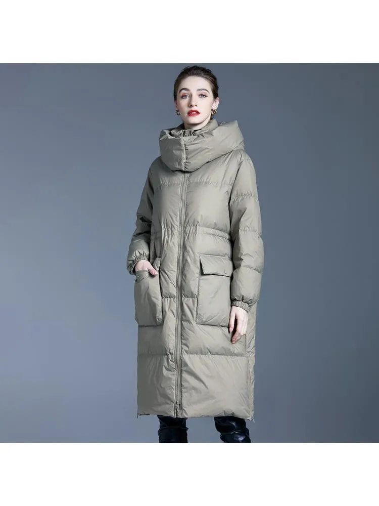 2022 Winter New Long Thicked BlackLoose Padded Bread Clothing Hooded 90 White Duck Down Coats Women Warmer Jackets