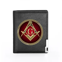 black classic masonic theme printing pu leather wallet men bifold credit card holder short purse bg3500