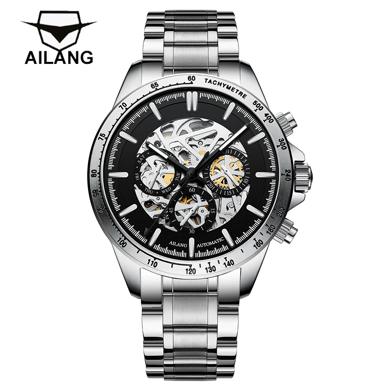 Enlarge AILANG Fashion Three Eyes Men Luxury Automatic Mechanical Watch Luminous Skeleton Waterproof Stainless Steel Strap Men's Watches