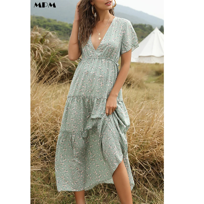 

Ruffled Floral Women's Dress Loose Fashion V-Neck Bohemian Long Skirt Elegant Ladies Print Dresses 2022 Summer New