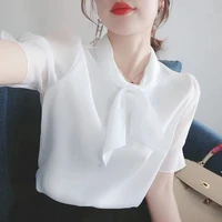 fashion bow lace up spliced oversized chiffon shirt 2022 summer new casual pullovers loose sweet womens clothing commute blouse