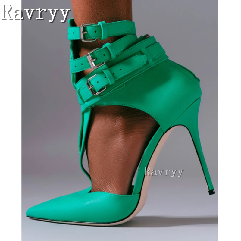 Green T Strap Sandals Thin Heel Sexy Pointed Toe Pumps 2023 Fashion Dress Shoes Multi-Buckle Cut Out Women Stiletto