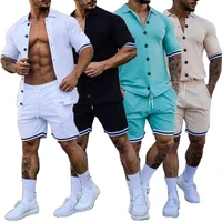 2022 summer mens fashion trend new solid color lapel button short sleeve shirt and shorts suit