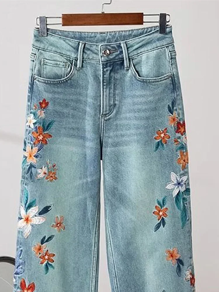 Женские узкие джинсы с вышивкой универсальные прямые широкие брюки в