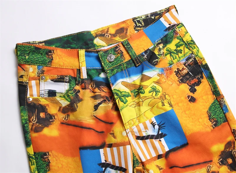 Men's Colorful Graffiti Printed Jeans Y2K Colorful Slim Fit Tapered Elastic Casual Pants Fashion Street Clothing Small Foot Pant