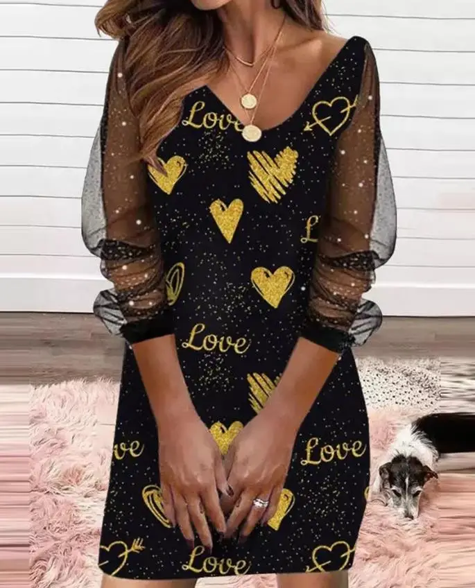 

Dresses for Women 2022 Fashion V-Neck Long Sleeve Valentine's Day Heart Print Mesh Patch A Line Mini Daily Casual Dress
