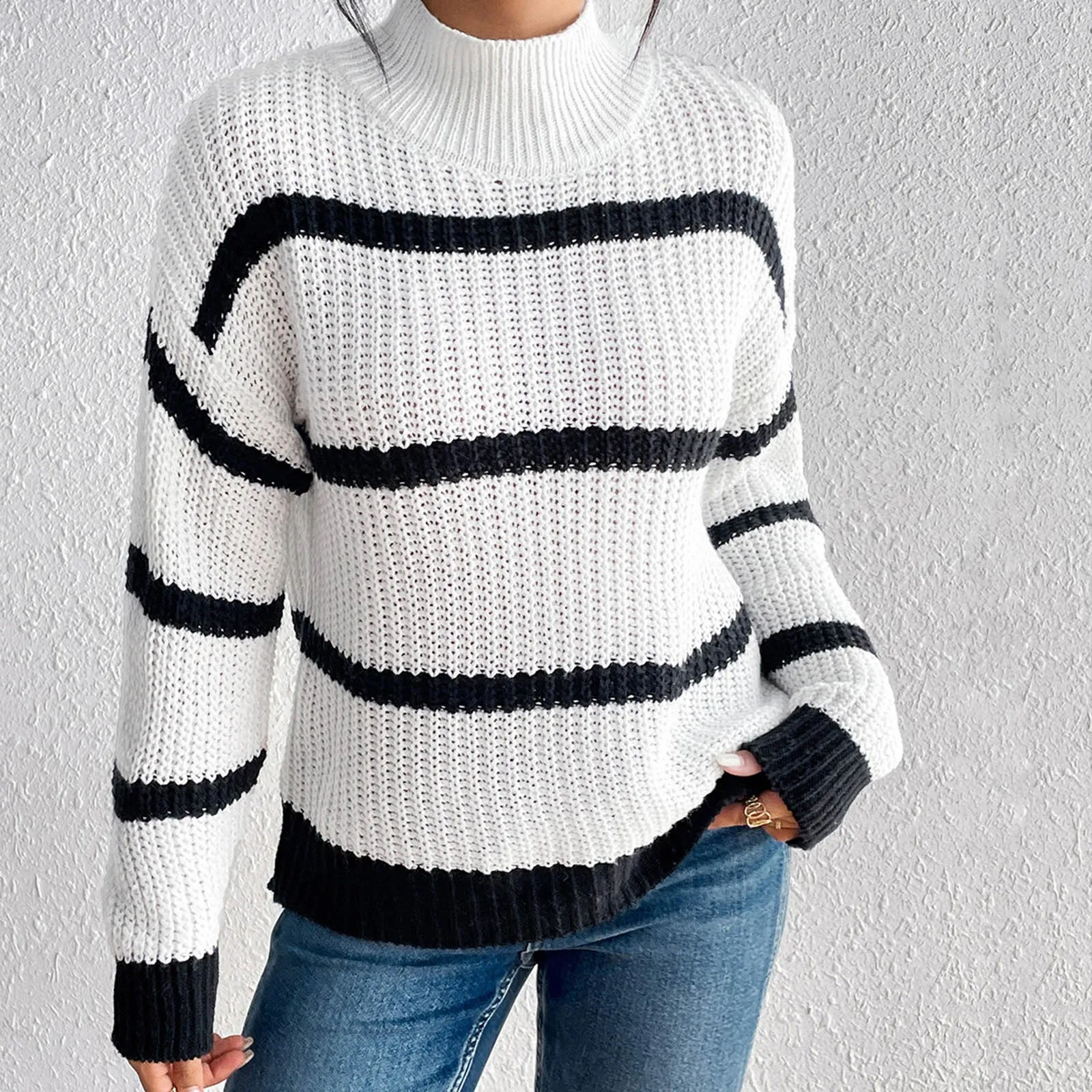 

Женский осенне-зимний новый простой однотонный Полосатый пуловер с полувысоким воротником вязаный свитер флисовый мужской на молнии на четверть