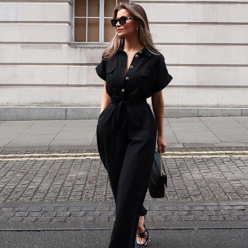 

2023 European and American New Black Cotton Hemp Bat Sleeve Jumpsuit Summer High Grade Fashion Women's Wear