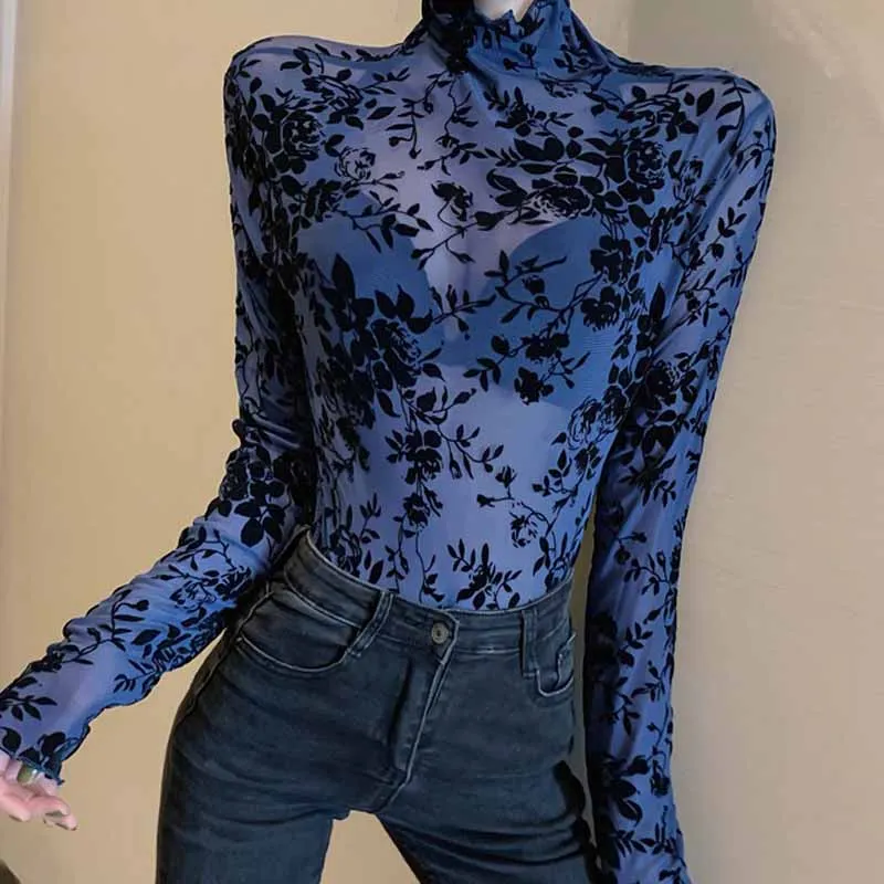 

See Through Sexy Long Sleeve Shirt Women Floral Mesh Lace Blouses Woman Fashion Vintage Bottoming Women Shirts Tops Blusas 11351