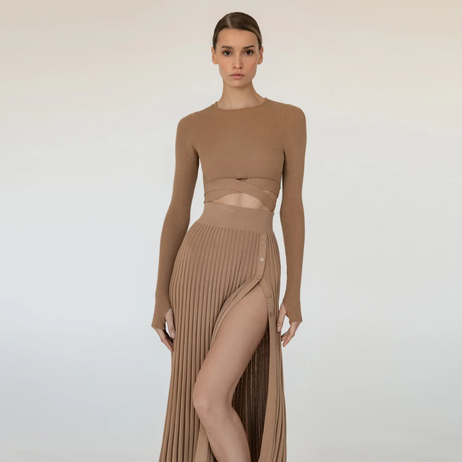 

Pleated Skirt Female Autumn Slim High Slit Lace-up Pullover Suit Top Vestido Sexy Round Neck Short-sleeved Knitted Tight Suit