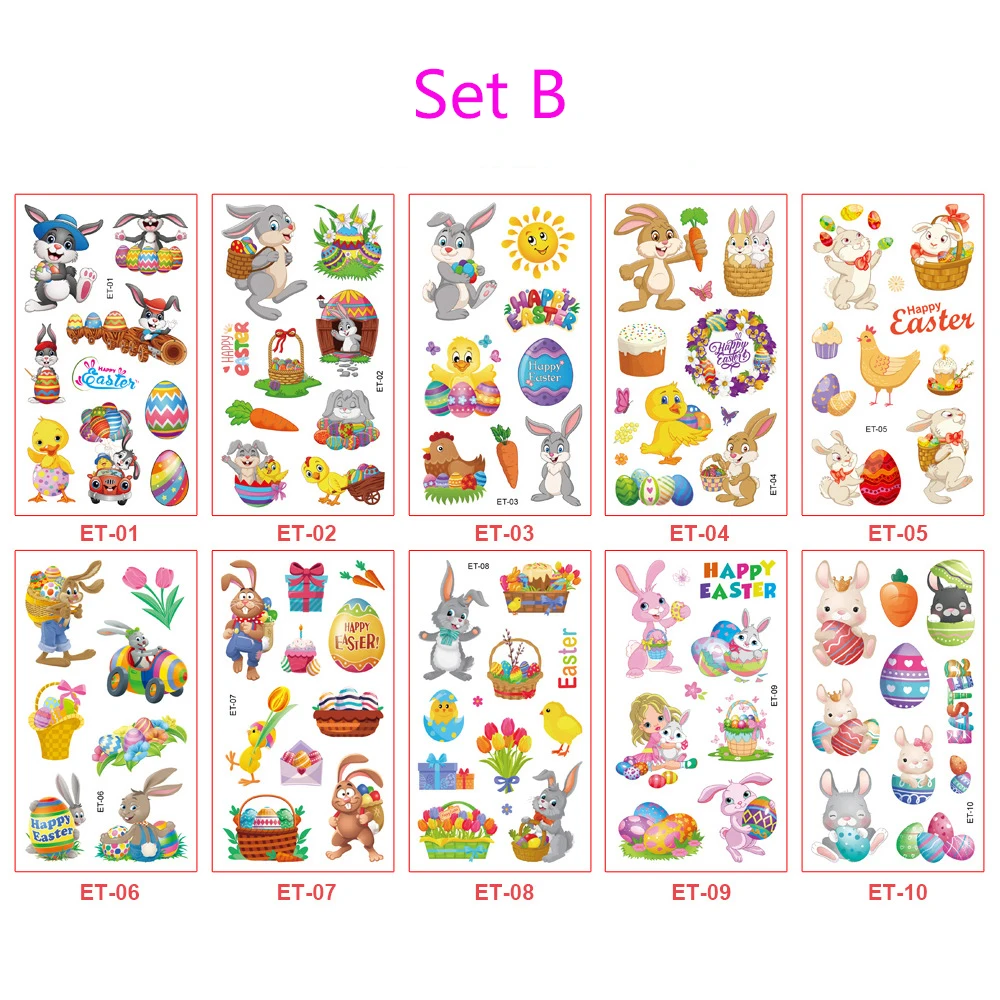 

10pcs/Set Easter Day Children's Sticker Cute Cartoon Waterproof Egg Rabbits Carrot Temporary Tattoo Face Body Stickers for Kids