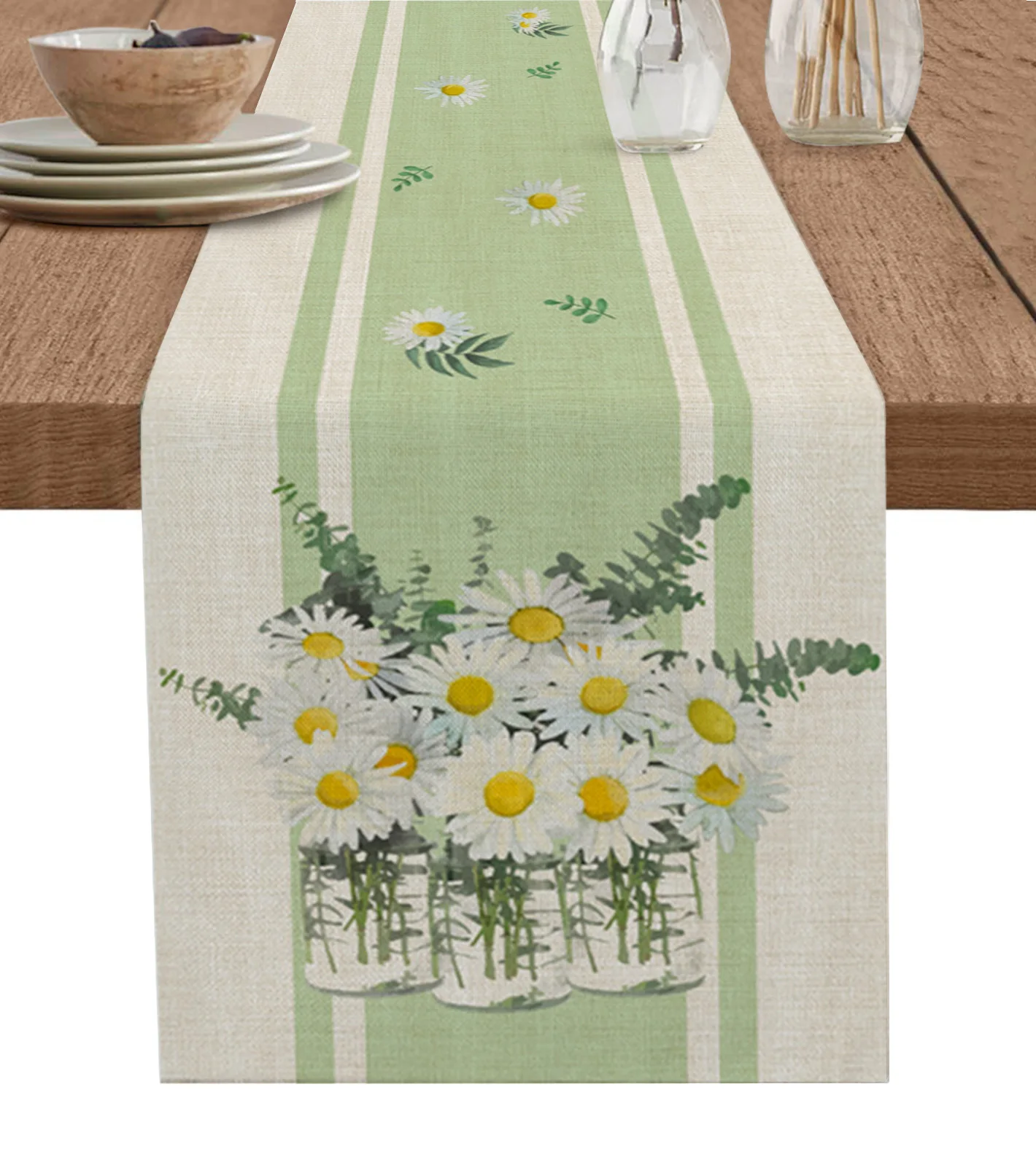 

Daisy Flower Vase Table Runner luxury Kitchen Dinner Table Cover Wedding Party Decor Cotton Linen Tablecloth