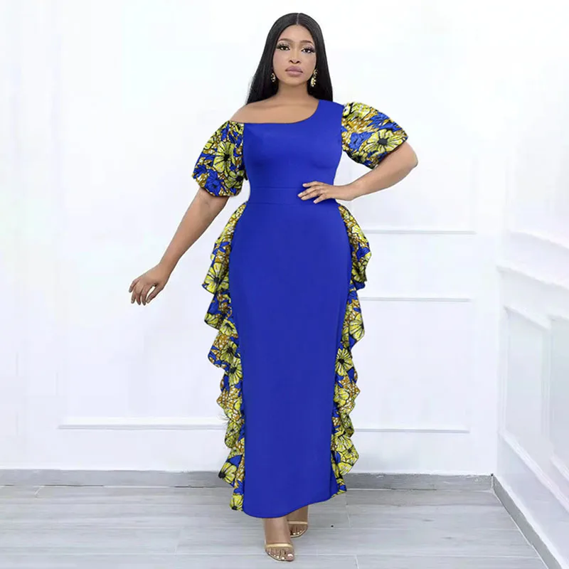 

African Evening Dresses for Women Dashiki Blue Wax Puff Sleeve Maxi Dress Ankara Robes Wedding Party Gown Africanos Outfits 3XL