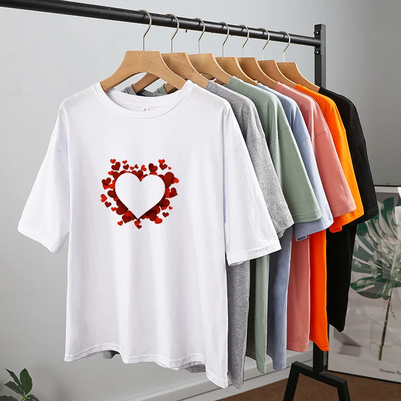 Short Sleeve T-shirts Women Heart Print O-neck Soft Casual Female Tees T-shirt 2022 New Summer Loose Fashion Basic Ladies Tops |