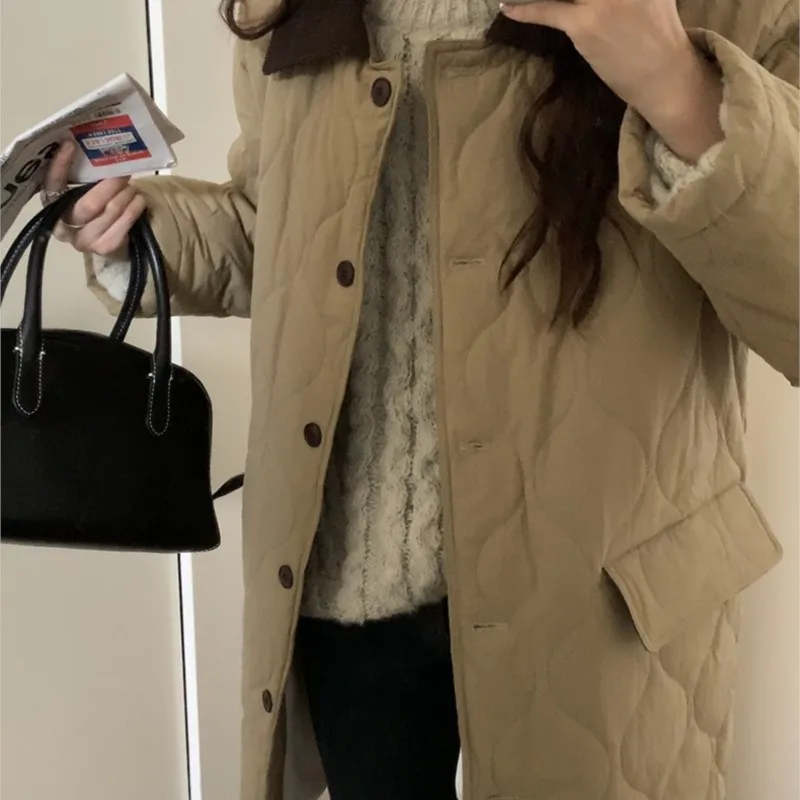 Collar Color Contrast Long Cotton Jacket Women Oversize Rhombus Pattern Long Parkas Female Warm Long Cotton Overcoat Outwears