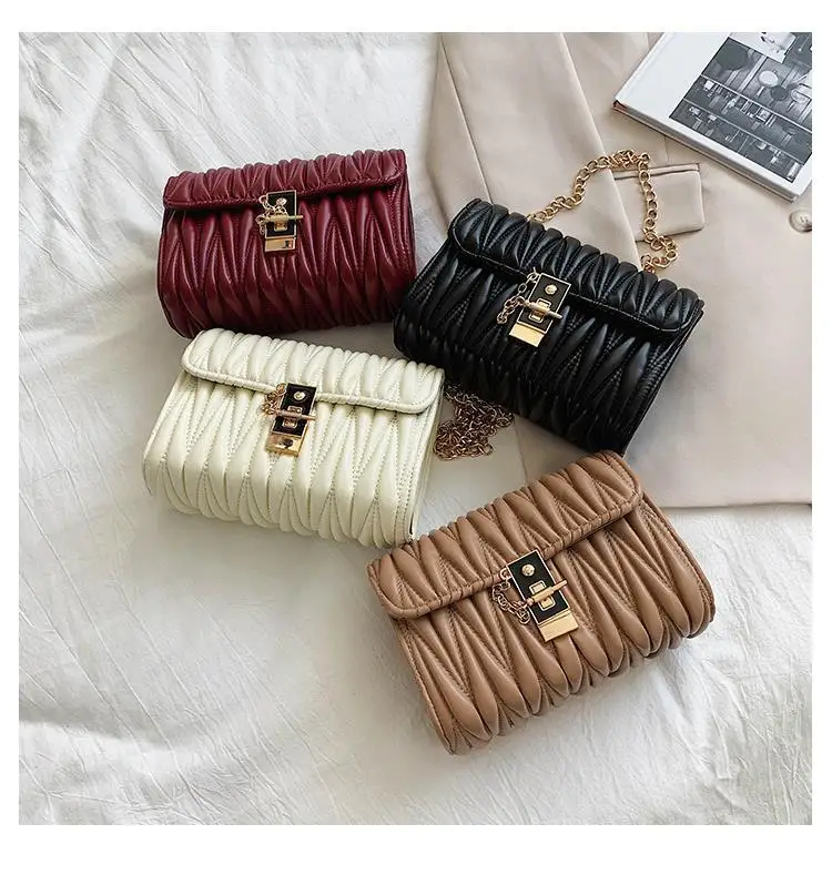 

New Summer Pleated Messenger Women's Chain Western Style Small Square Lock Banquet Shoulder Bag