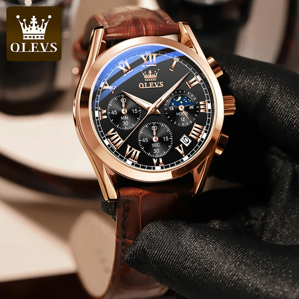 

OLEVS Top Brand Mens Fashion Chronograph Quartz Watch Business Waterproof Luxury Leathe Moon Phase Watch for Mens Reloj Hombre