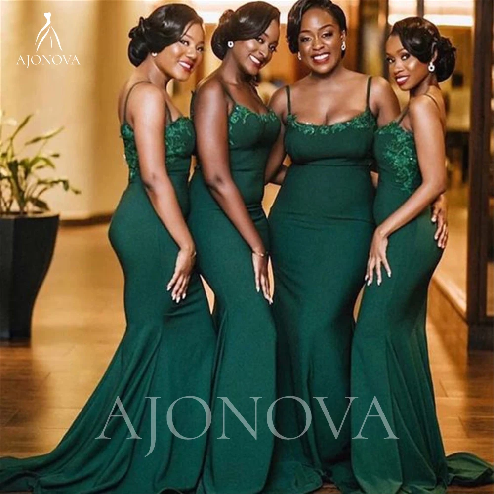 

Emerald Green Satin Wedding Party Dresses for Bridesmaids Appliques Spaghetti Straps Bridesmaid Dress Woman Robe Elegant Gowns