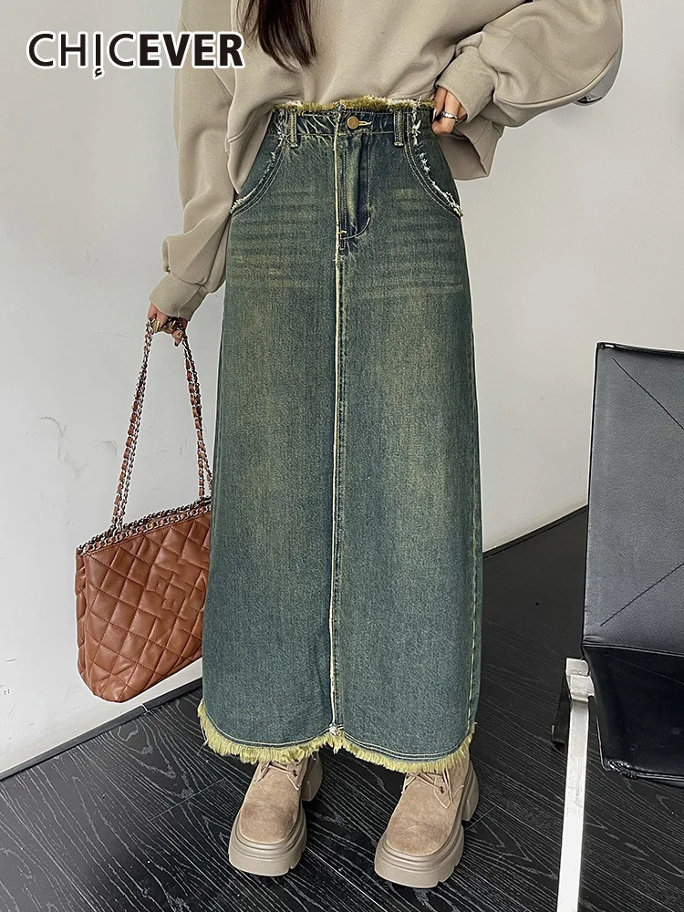 

Винтажные облегающие джинсовые юбки CHICEVER для женщин с высокой талией, лоскутные карманы, Повседневная трапециевидная Юбка-миди с цветными блоками для женщин