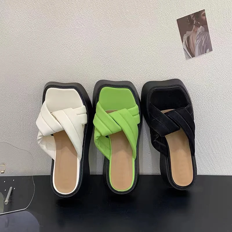 

2022 Summer Fashion Green Women Slipper High Wedges Platform Sandal Shoes Ladies Open Toe Slip On Outdoor Beach Slides