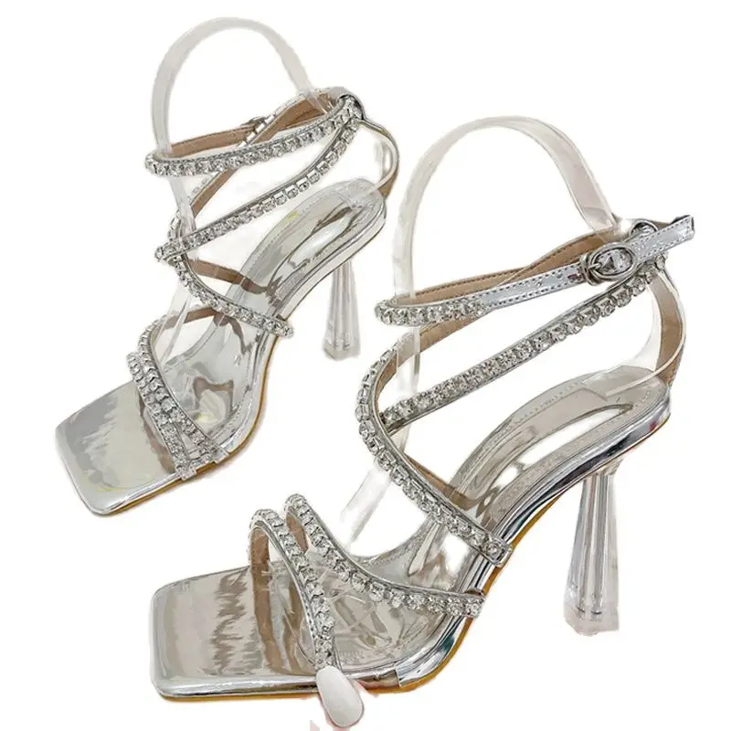 

Туфли женские прозрачные на каблуке, пикантные странные сандалии с кристаллами, стразы с узким ремешком, открытый носок, обувь для вечеринки и свадьбы, размер 41