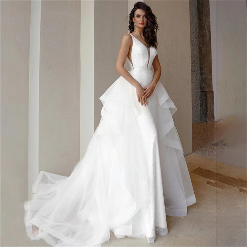 

2023 Summer Women's White Satin Detachable Mermaid Sleeveless Backless Wedding Dresses Bride Elegant Sexy V-Neck Evening Gowns