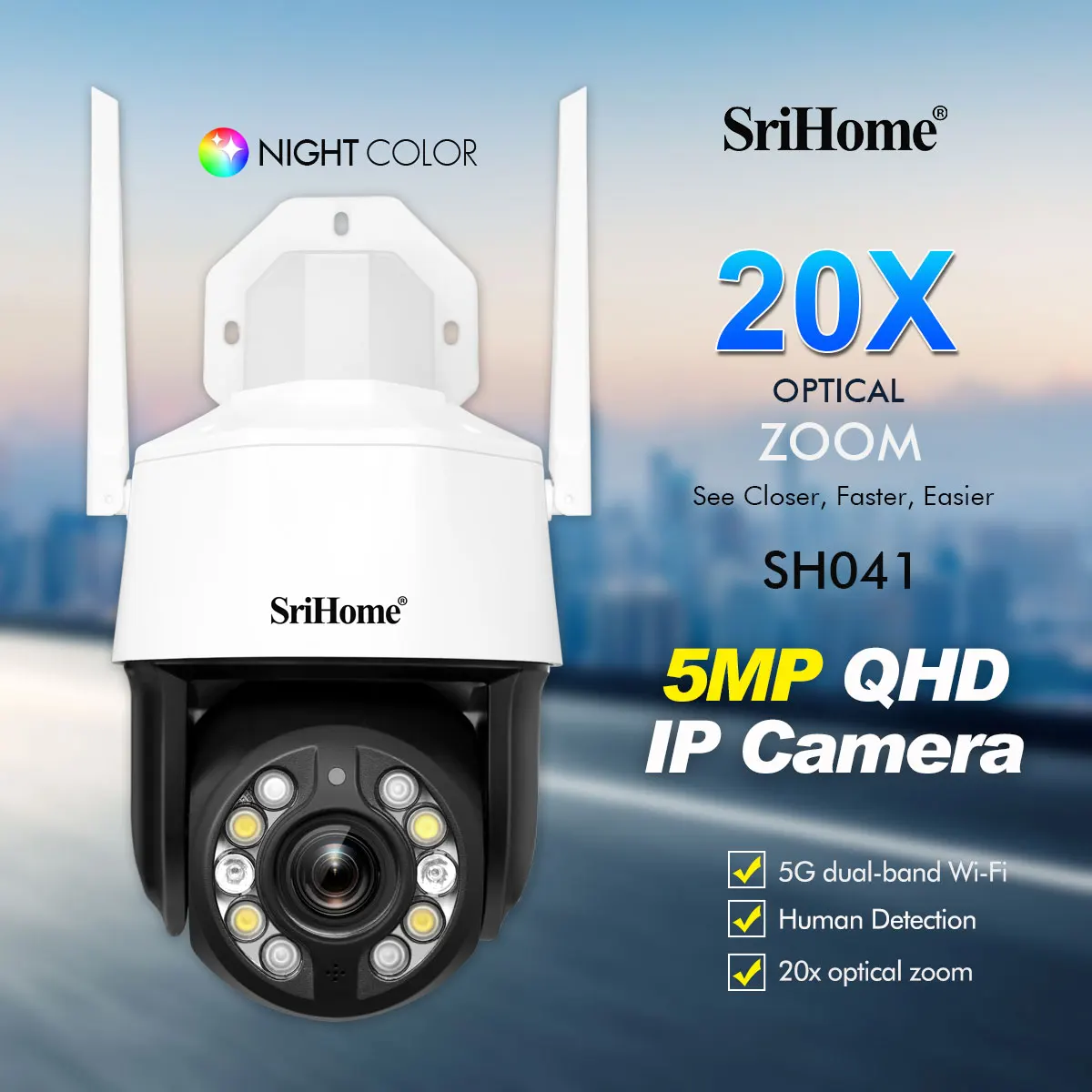 

Sricam SH041 5.0MP 20X Zoom 5G Wifi IP-камера наружная IP66 Водонепроницаемая Onvif защита безопасности Система видеонаблюдения CCTV