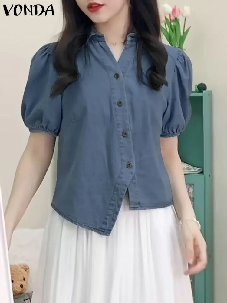 

2023 VONDA Fashion Women Shirts Summer Turn Down Collar Short Sleeve Elegant Blouse Casual Irregular Hem Solid Color Tunic Tops