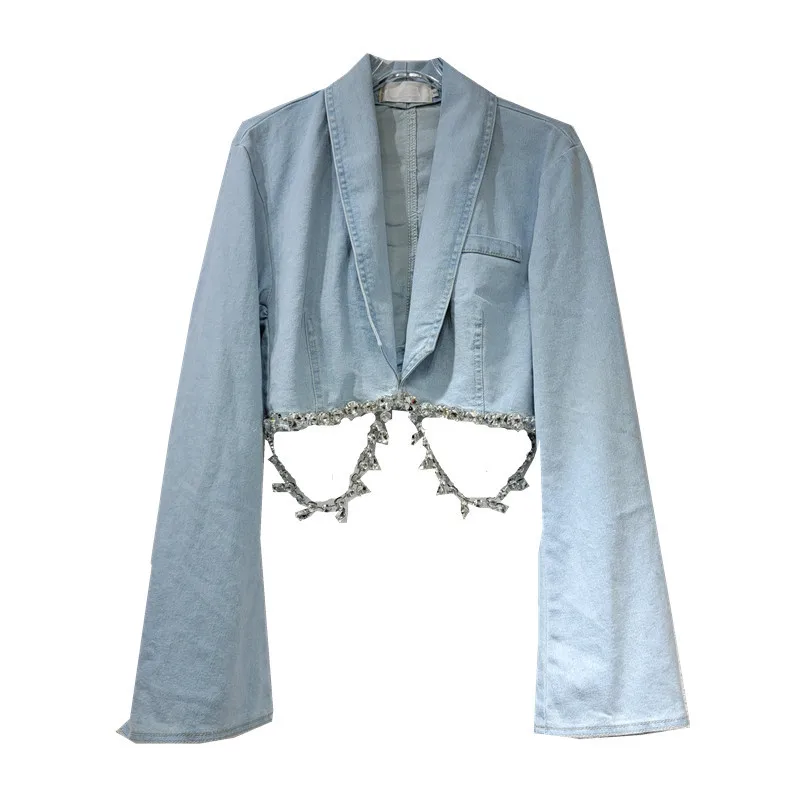 Женский джинсовый Блейзер голубой короткий пиджак с цепочкой кисточками и